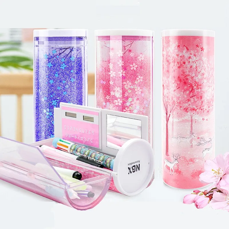 

Pencil Case Cute Multifunctional Quicksand High Capacity With Solar Calculator Mirror Pen Storage Box Boys Girl Stationery Gift