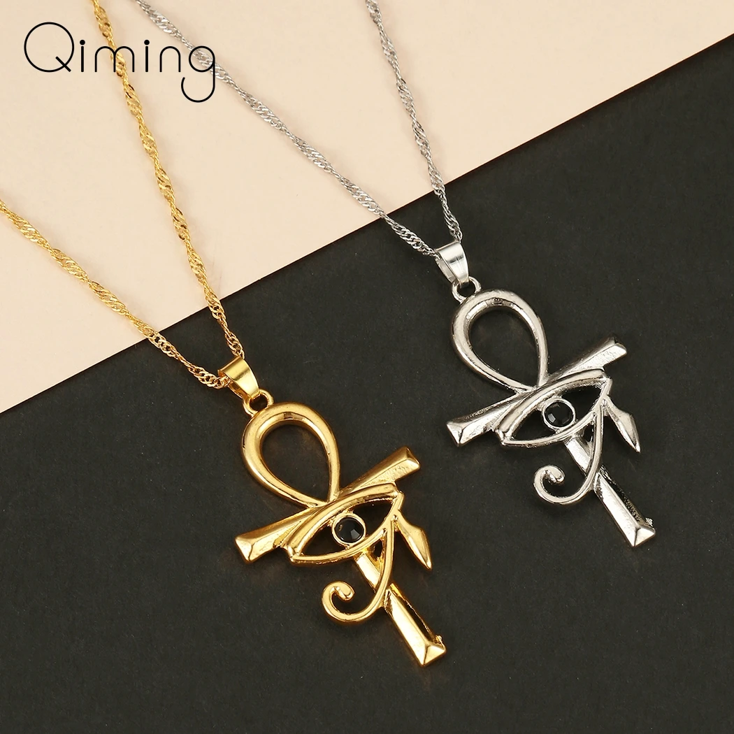 Viking Crystal EYE Cross Ankh Necklace For Women Men Amulet Religion Punk Vintage Jewelry Evil Eye Golden Chains Necklaces - Image 2