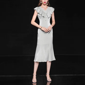 

Seifrmann Designer High Quality Summer Midi Dress Women V-Neck Beading Button Solid Boho Fashion Party Bodycon Mermaid Dress