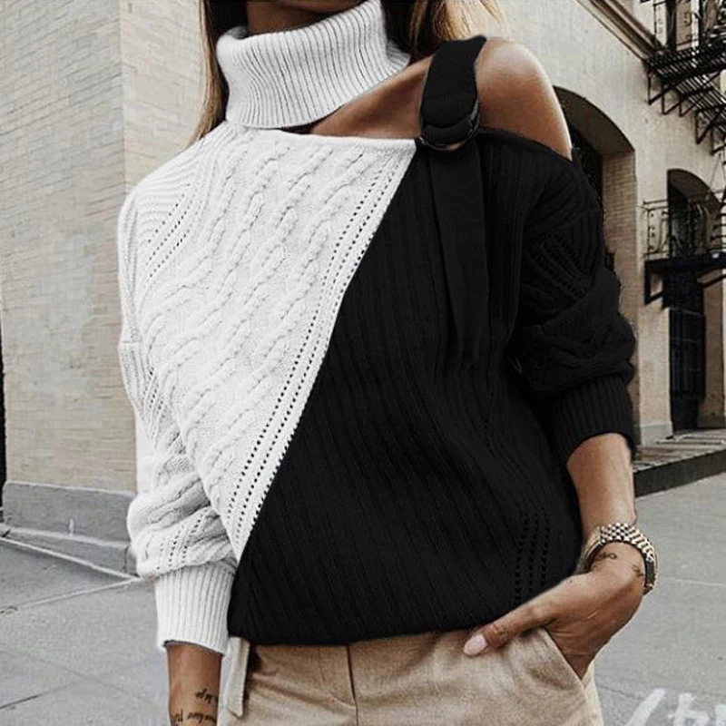 Женский лоскутный свитер с высоким воротом, сексуальный вязаный пуловер с открытыми плечами и пряжкой, осенне-зимний джемпер с длинным рукавом, топы, трикотажная одежда - Цвет: Black White