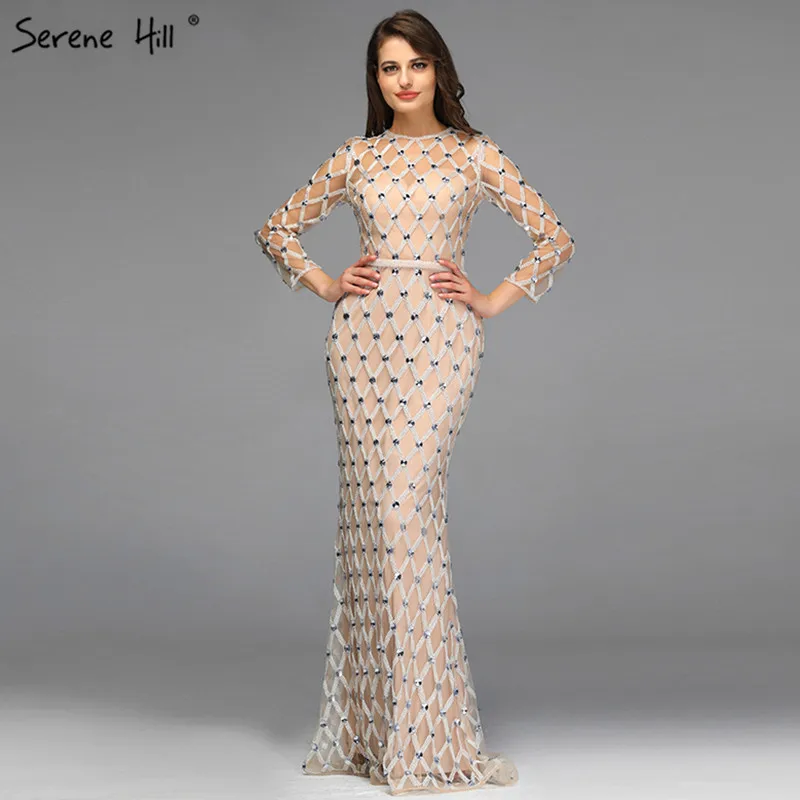Серен Хилл в мусульманском стиле с длинным рукавом телесного и серебристого цвета вечернее платье новейший дизайн О-образный вырез со стразами роскошное официальное вечернее платье CLA60977 - Цвет: Nude Silver