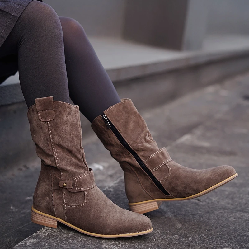 Botas de ante cremallera para mujer, botines Vintage de media caña con zapatos de tacón bajo grueso, invierno, 2021|Zapatos de tacón de mujer| - AliExpress