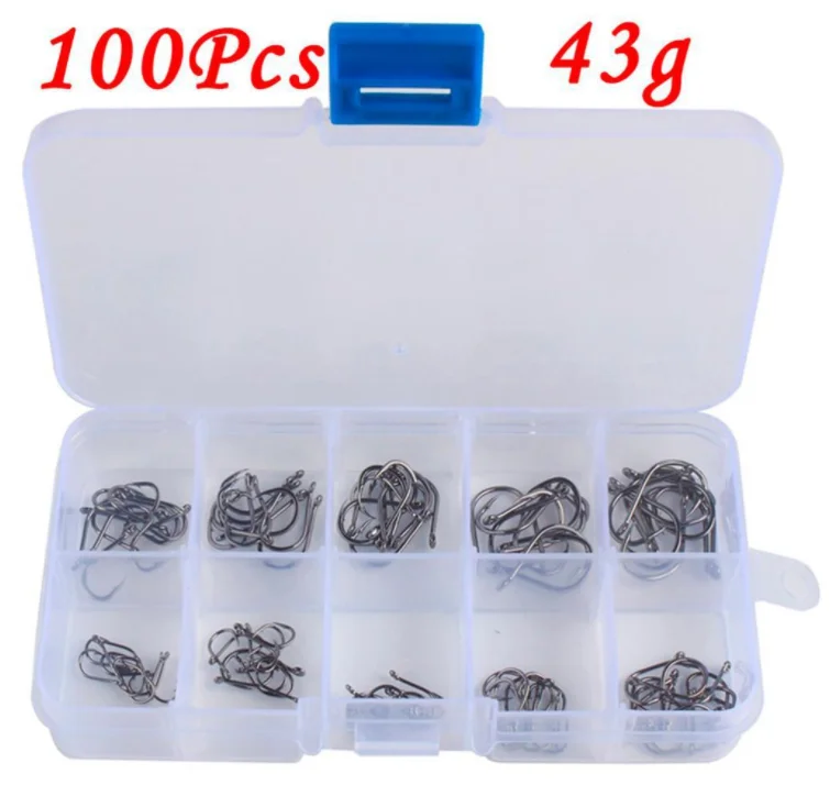 

100pcs/box Fish Hook High Carbon Steel Barbed 3#-12# 10 Series In Fly Fishing Hook Worm Pond Fishing Bait Holder Jig Hole Pesca