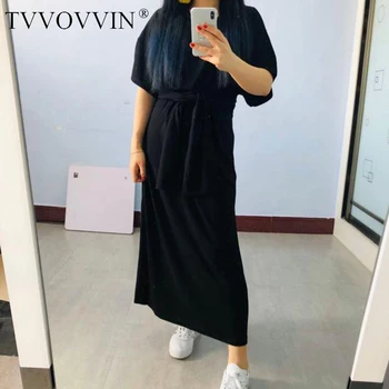 

loose Women Black Bandage Split Joint Big Size Long Dress Round Neck Short Sleeve Loose Fit Fashion Tide Spring Summer 2020 E6DM