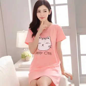 

Summer Short Sleeve Women Nightgown O-Neck Loose Nightdress Short Sleeve Cartoon Figures Print Dress Home Wear Sleepwear