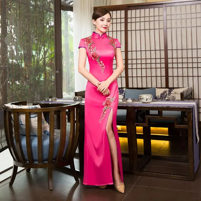 Красные вечерние платья восточные женские элегантные тонкие Cheongsam модные китайские стильные свадебные длинные Qipao роскошный халат Vestido s-xxxl - Цвет: Hot Pink