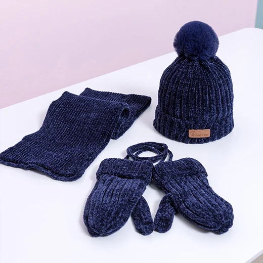 Navy Blue 3Pcs 2 шт./3 шт./компл., детские наборы шарф Шапка Зимняя Теплая Бархатная шапка шарф перчатки для маленьких мальчиков и девочек, костюмы хлопковая шерсть Младенческая шапочка, шапки - Цвет: Navy Blue 3Pcs