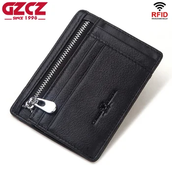 

GZCZ 100% Genuine Leather Credit Card Holder Travel Men Male Case Wallet Thin Business Zipper Slim Coin Purse for Boys