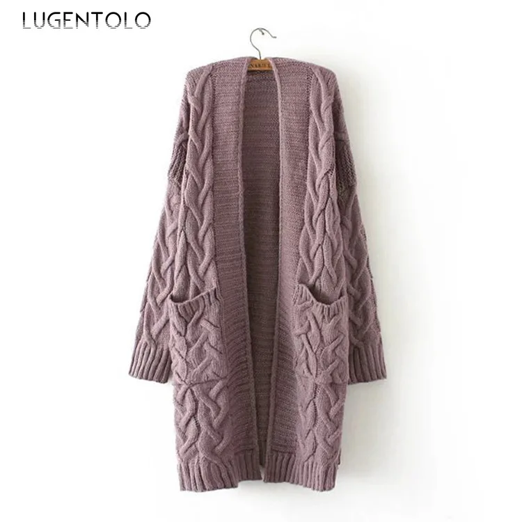 

Lugentolo Women's Sweater Long Cardigan Autumn and Winter New Loose Long Twisted Knit Long Sleeve Solid Color Sweater