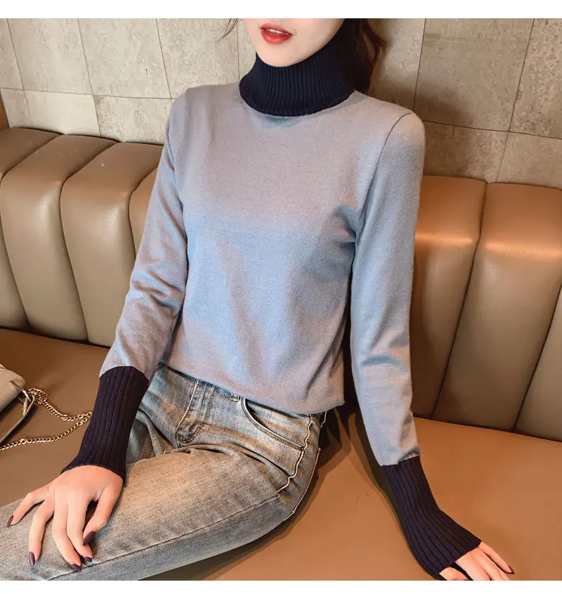 

Photo Shoot Core-Spun Yarn 2019 New Style Autumn And Winter High Collar Pullover Stripes Long Sleeve Knit Low Waist Jersey Sweat