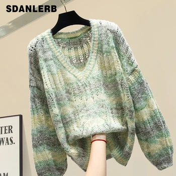 

Thin V-neck Rainbow Sweater Loose Female Autumn New Knitted Jumper Women's Long Sleeves Hollow Sweater Jacket Student Pullovers