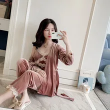 Женский халат и платье, комплект из 3 предметов, ночное белье, сексуальное кружевное нижнее белье, Женская домашняя одежда, комплект одежды для сна, Женский банный комплект