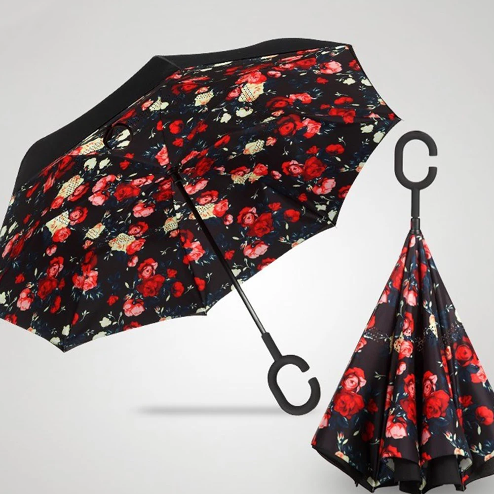 Двухслойный Зонт от дождя, женский летний ветрозащитный водонепроницаемый с-образной ручкой перевернутый зонт от солнца и дождя, защита от дождя