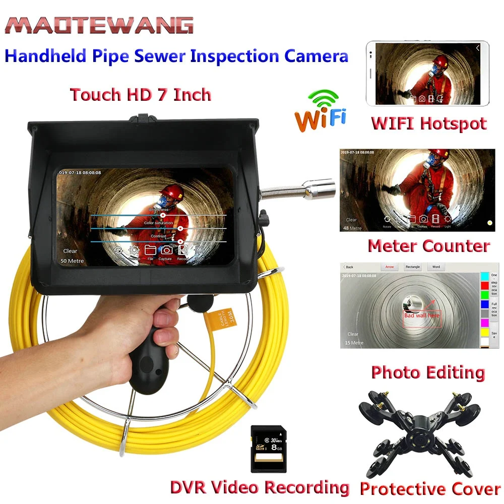 Handheld Industrial Pipe Sewer Pipeline Inspection Video Camera with Meter Counter DVR Rec 23mm HD 1080P 7&quot Touch screen |