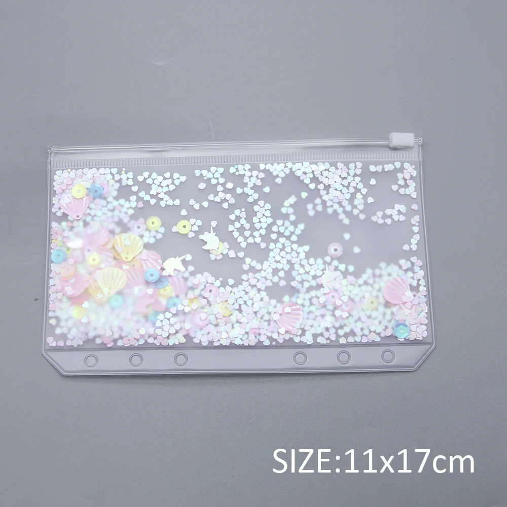 David accessories Notebook Zipper Bag Pink Sequin File Folder Holder Bags 6 Hole Transparent PVC Business Diary Storage,1Yc8253