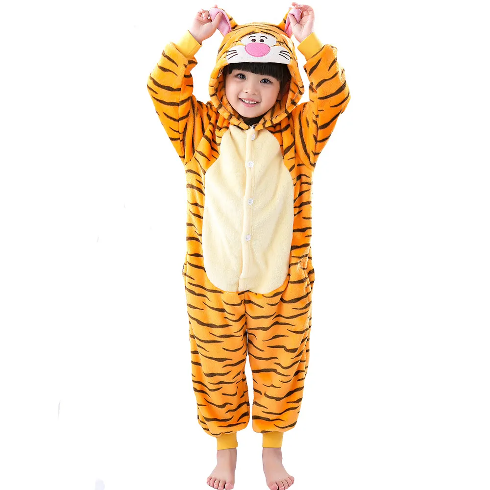 Kigurumi/Детские фланелевые пижамы; детские зимние комбинезоны; одежда для сна для девочек и мальчиков; пижамный комплект с единорогом, Тигром; Пижама с капюшоном - Цвет: Jumping Tiger