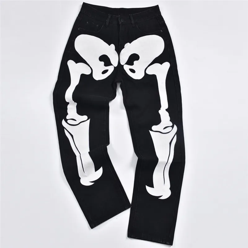 BOOFEENAA Skeleton Patterned Low Rise Jeans Streetwear Women Black Denim Trousers Cyber Y2k Goth Pants Fall 2021 C82-EF60 low rise jeans Jeans