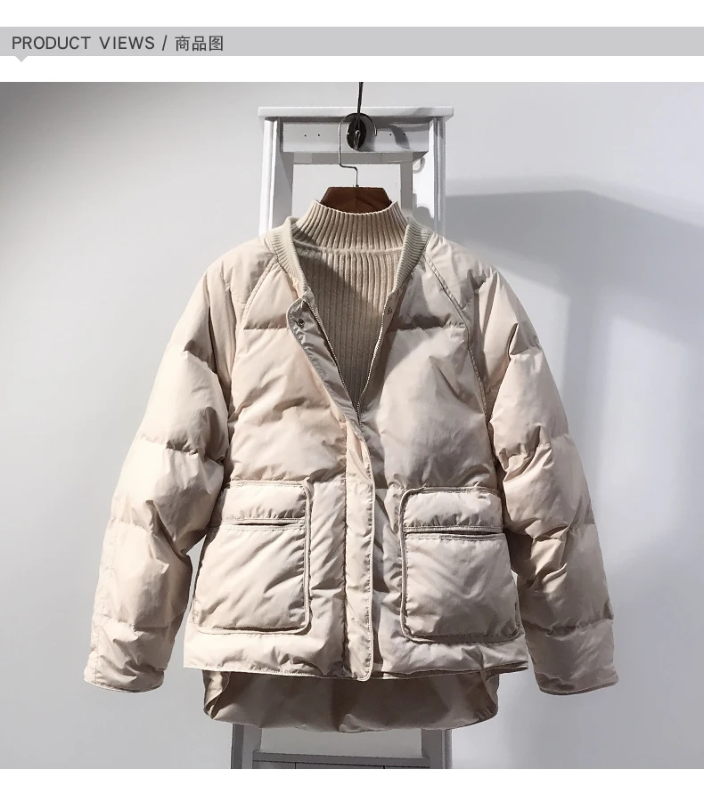 Зимняя бейсбольная куртка-пуховик Tina XTN18516, женский короткий зимний корейский стиль, со стоячим воротником, свободный крой, толстый белый утиный пух
