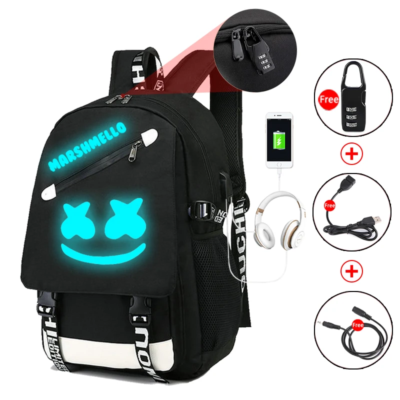 Black Dj Marshmallow рюкзаки USB зарядка для подростков мальчиков девочек Студенческая сумка для книг дорожная Повседневная светящаяся холст школьный рюкзак - Цвет: Black