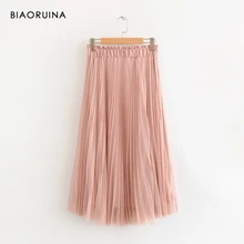 BIAORUINA Женская сетчатая розовая однотонная Милая юбка до середины икры с подкладкой, Женская эластичная юбка с высокой талией, универсальная модная юбка