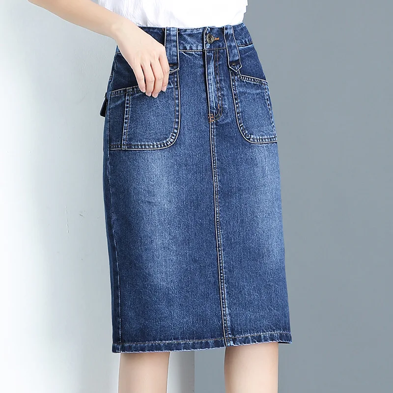 Джинсовая юбка дикая женская джинсовая юбка моющаяся джинсовая сумка бедра юбка юбки джинсовые с разрезом Темперамент богиня повседневная юбка