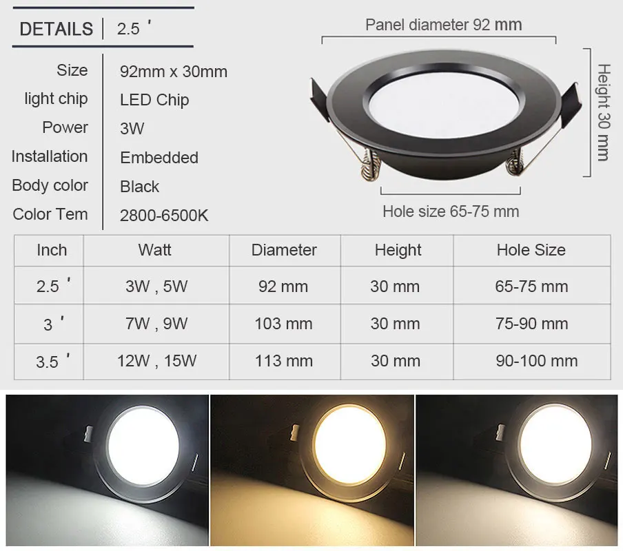 Led 통 램프 블랙 방수 3w 5w 7W 9W 12W 15W led 자리 220V 230V 천장 매립형 다운 라이트 라운드 led 패널 빛