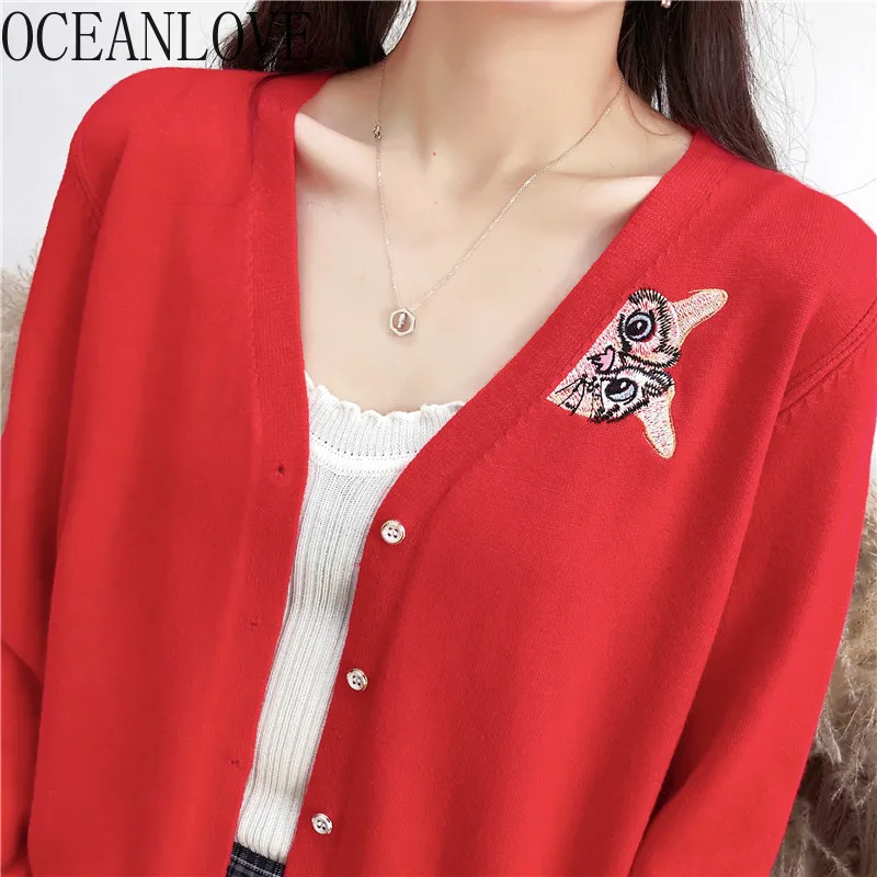 

OCEANLOVE Autumn 2019 Cardigan Women Embroidery Animal V Neck Sweaters Single Breasted Thin Sweet Sueter Mujer Fashion 12928
