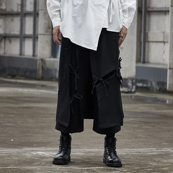 

Men Loose Casual Ribbon Splice Black Wide Leg Pants Male Japan Streetwear Hip Hop Gothic Punk Harem Trousers Kimono Skirt Pant