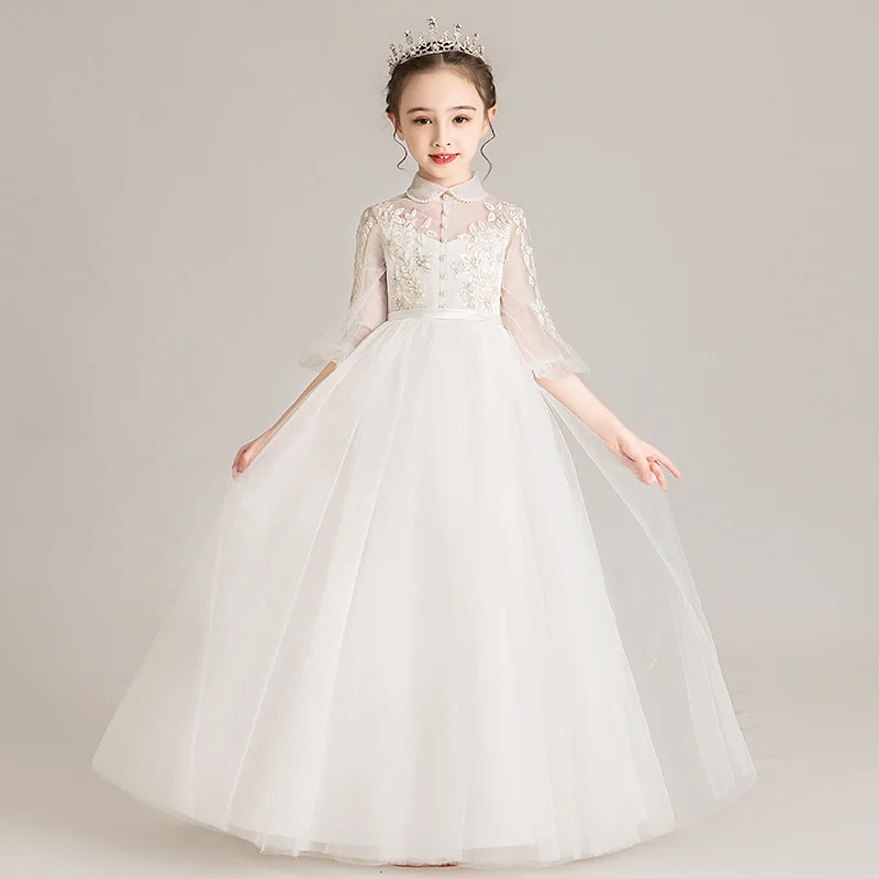 

children's costumes 2023 Evening White Prom Dresses for Girls Wedding Elegant Party Formal Mesh Long Dresses Birthday Ball Gown