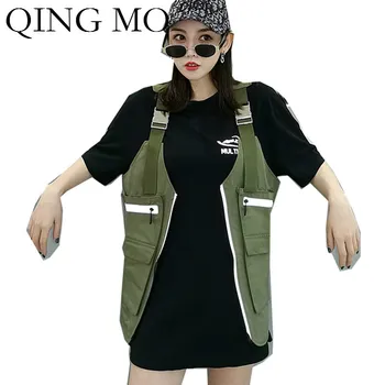 

QING MO Summer Women Loose T Shirt 2020 Women Reflective Letter T Shirt Female Personality T Shirt With Bag Black White ZQY3685