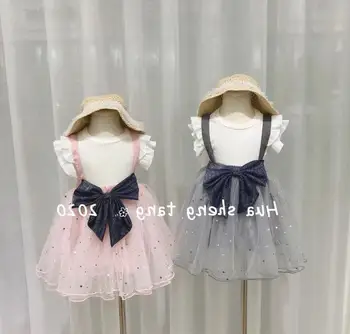 

Baby Girls Summer Fashion Sets, White Top + Big Bow Suspend Dress 3-7T 5 sets/lot wholesale