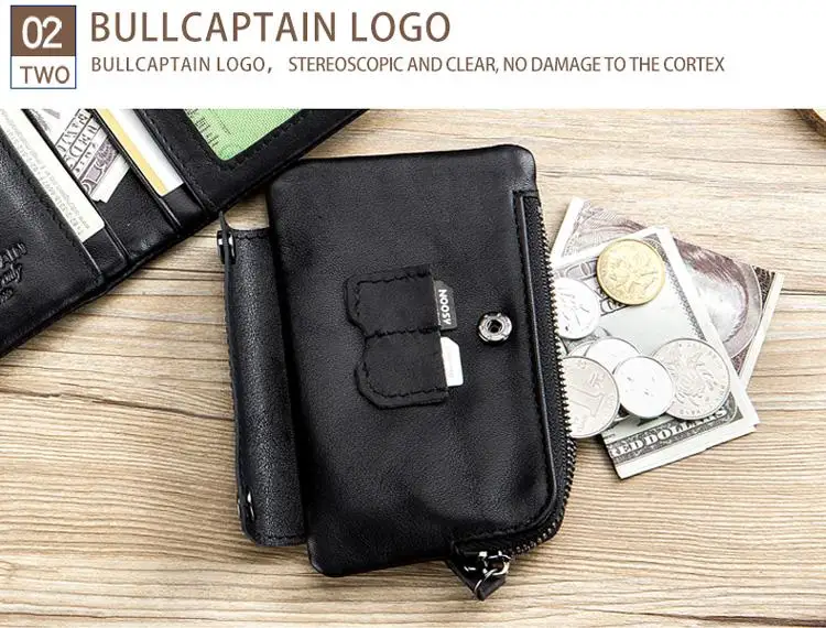 BULLCAPTAIN повседневный короткий кошелек-клатч на молнии, мужской кофейный кошелек из коровьей кожи, карман для монет, кошелек, сумка, держатель для карт