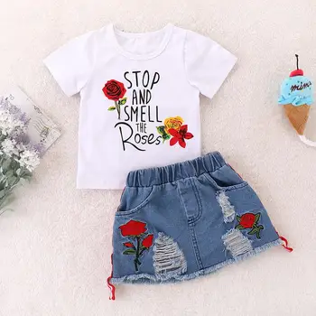 

Summer Girl Outfits Rose Flower Short Sleeve White T-shirt+Jeans Short Skirt 2pcs Clothes Set Toddler Children Suit
