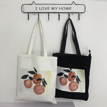 

Women Canvas Shoulder Tote Bag Fruit Orange Printing Shopping Bag Ladies Cloth Cotton Beach Handbags Bolsas De Tela