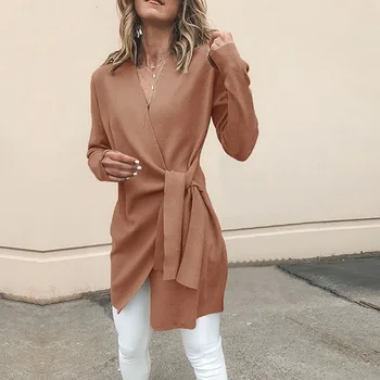 

Office V Neck Wool Waist Tie Jacket For Autumn Winter Women Cardigan Style Solid Color Casual Long Sleeve Jackets