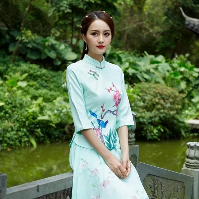SHENG COOC рубашка китайская женщина желтый Cheongsam топы Magpie печать костюм в китайском стиле Осень - Цвет: green chinese shirt