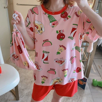 

Summer Pajamas for Women 3 Pcs Cartoon Printed Suit Short Sleeve Casual Girls Student Pyjamas Set Loose Youth cute Sleepwear Set