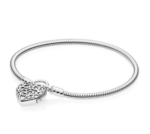 925 пробы серебряный браслет Moments Regal сердце навесной замок гладкая Змея Браслет Fit бисера Шарм ювелирные изделия