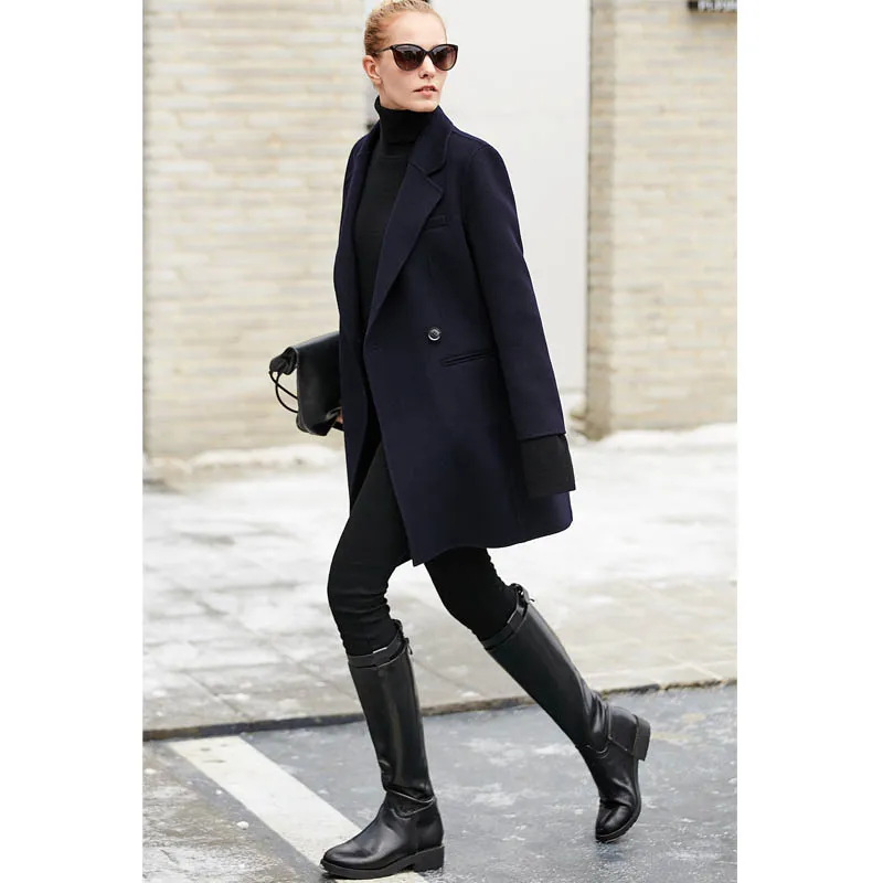 Navy Blue Amii Минимальный Хепберн темперамент шерсть двухсторонняя шерсть Мори французский зимнее пальто маленькая шерсть средней длины пальто - Цвет: Navy Blue
