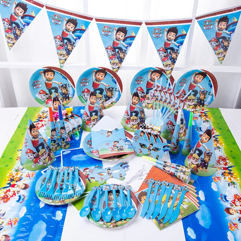 Juego de vajilla desechable con dibujos de la patrulla canina para niños, globo de decoración, platos y vasos de papel para Baby Shower