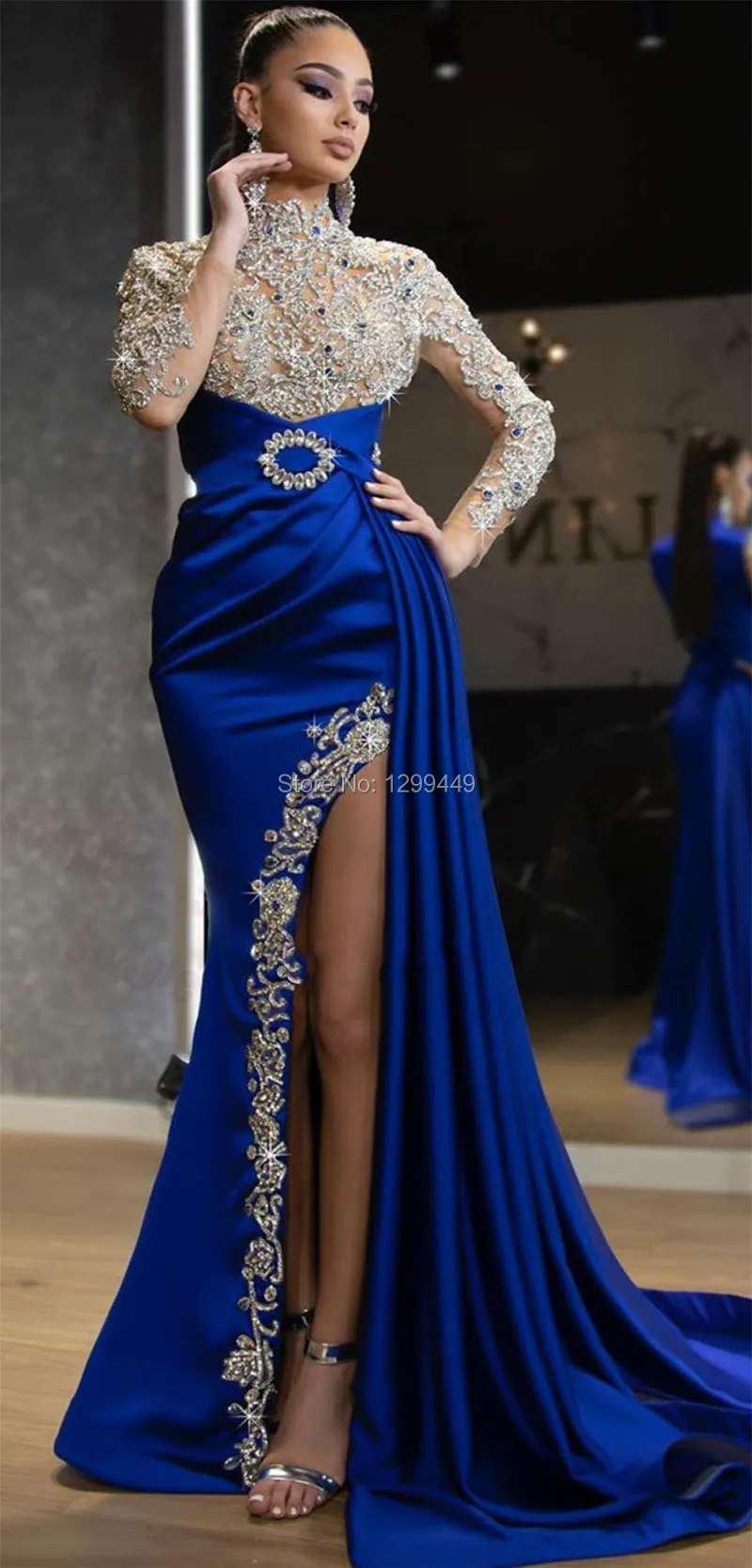 Eightale Royal Blue Evening Dresses 2020 High Neck Beaded Side Split Sexy Prom Gown Long Sleeves Formal Arabic Dubai Party Dress