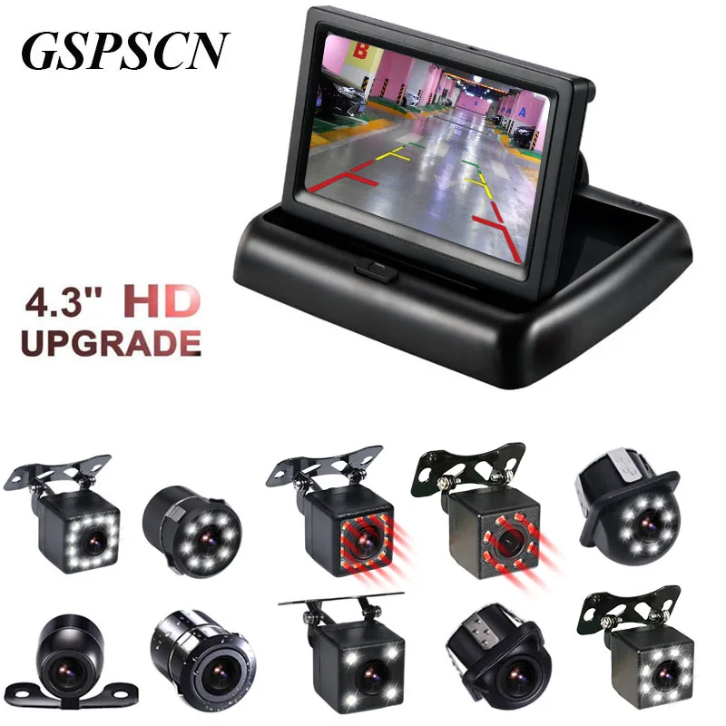 Best GSPSCN Night Vison Rear View Backup Camera With 4.3 inch Color LCD Car Video Foldable Monitor Kit Car infrared ParkingAssistance