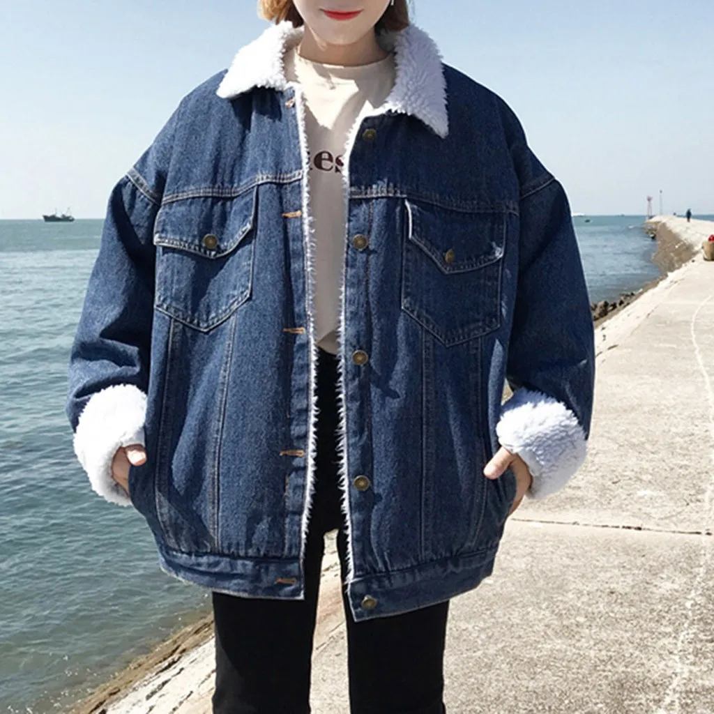 Jeans Jacket Women Autumn And Winter Denim Upset Vintage Long Sleeve Loose Plush Pockets Coat Bomber Jackets | Женская одежда