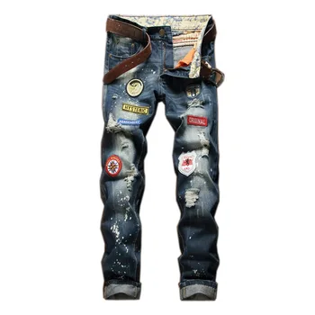

Splash ink old fashion pants men torn jeans badge straight slim jeans European and American style