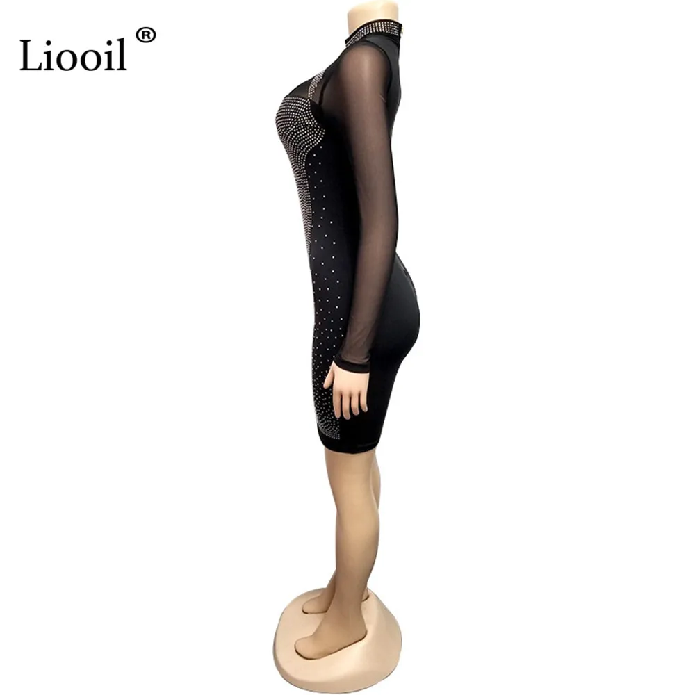 Liooil, стразы, сетка, прозрачное, сексуальное, облегающее, Мини платье для женщин, осень, длинный рукав, водолазка, облегающие платья, женские, вечерние, для ночного клуба