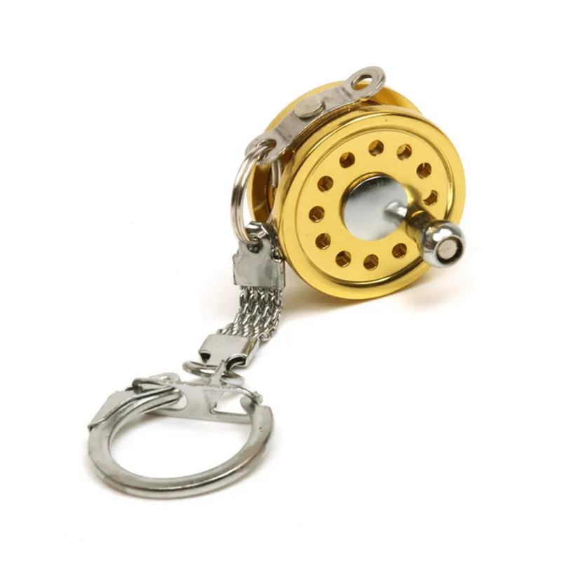 

Fish Wheel Keychain Gold Color Fly Fisherman Spinning Fishing Reel Charactor Miniature Key Chain With Key Ring Tool