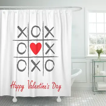 

Tic Tac Toe Game Criss Cross and Red Heart Shower Curtain Waterproof Fabric 72 x 78 Inches Set with Hooks