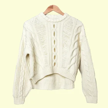 

Women's Knitted Sweater Hollow out Twist Long Sleeve O-neck Sweet Solid Color Knitwear Pull Tops