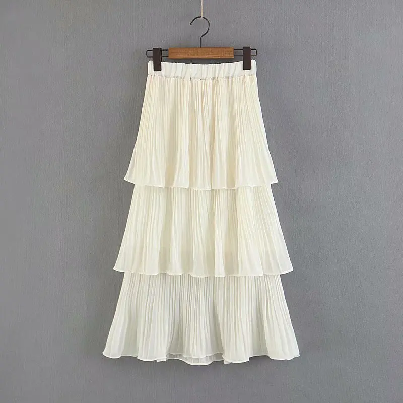 

2018 Spring And Summer Europe And America WOMEN'S Dress Mid-length Solid Color Elastic Waist Pleated Skirt 1413