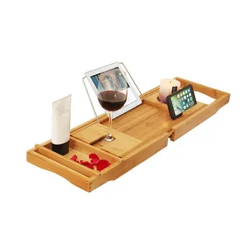 

Bathtub Rack Bamboo Shelf Bathroom Shower Tub Book Reading Tray Holder Stand Expandable Adjustable Length